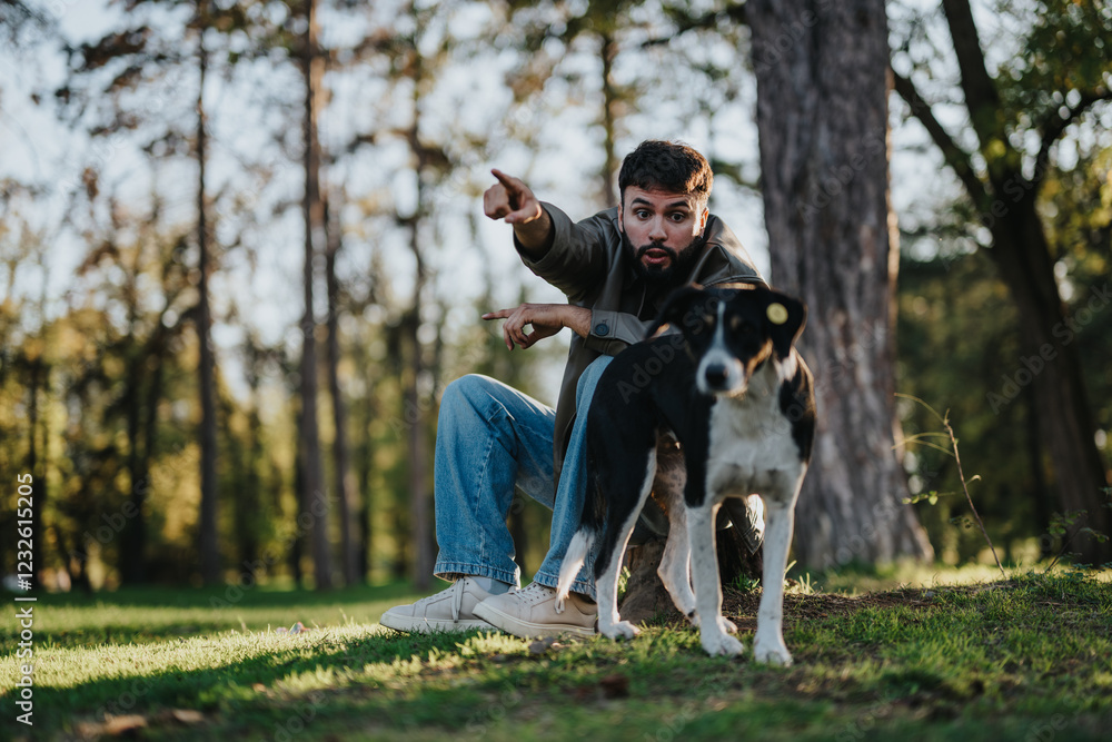 A man points forward while crouching beside his attentive dog in a sunlit forest. The bond between them and the beauty of nature create a peaceful and engaging scene. A man points forward while crouching beside his attentive dog in a sunlit forest. The bond between them and the beauty of nature create a peaceful and engaging scene.