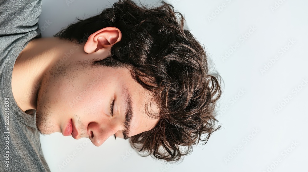 Fototapeta premium Calm Young Man Sleeping on Light Background