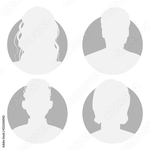 Vector flat illustration in grayscale. Icons of man and woman. Avatar, user profile, person icon, profile picture. Suitable for social media profiles, icons, screensavers and as a template.