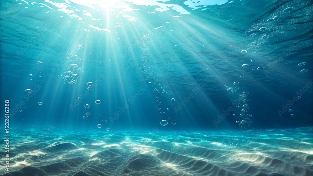Fototapeta premium Deep Blue Underwater Scene with Sun Rays and Bubbles