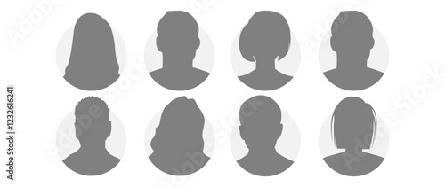 Vector flat illustration in grayscale. Icons of man and woman. Avatar, user profile, person icon, profile picture. Suitable for social media profiles, icons, screensavers and as a template.