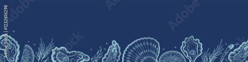 Horizontal border with oysters on a dark blue background. Hand-drawn oysters, lemon slices, herbs, and salt. Hand-drawn seafood delicacies for restaurant and seafood café menus, packaging design. A na