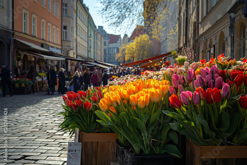 Spring market in the city square, vibrant stalls filled with fresh flowers and local produce.