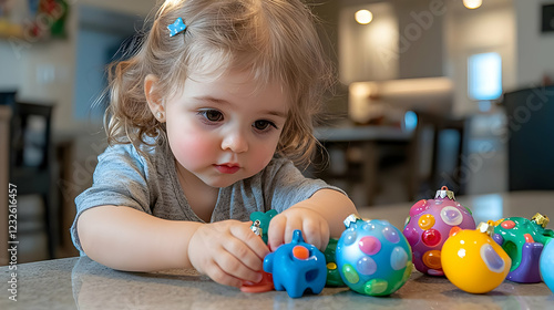 Toddler playing with Christmas ornaments indoors