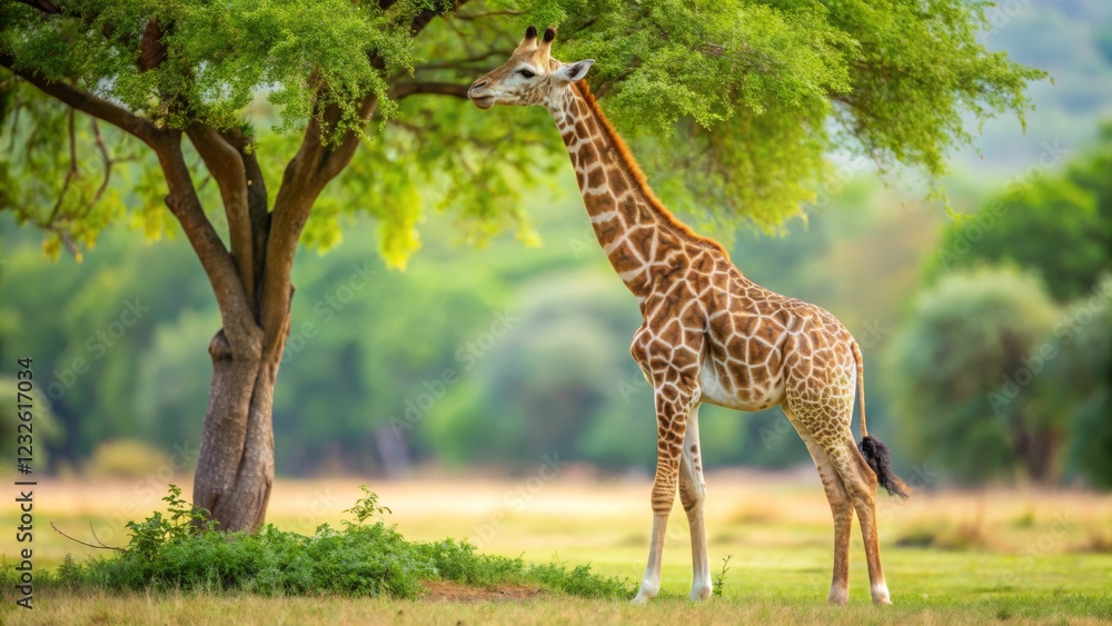 Graceful Giraffe Standing Beneath Lush Green Tree in Nature Reserve Graceful Giraffe Standing Beneath Lush Green Tree in Nature Reserve