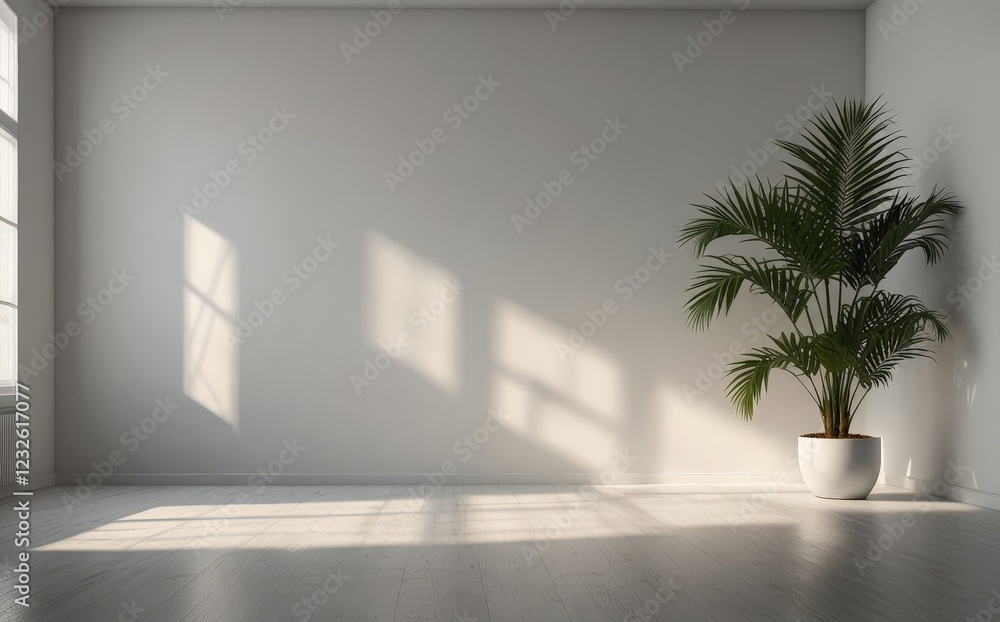 Bright Empty Room with Sunlight and Single Potted Plant Bright Empty Room with Sunlight and Single Potted Plant