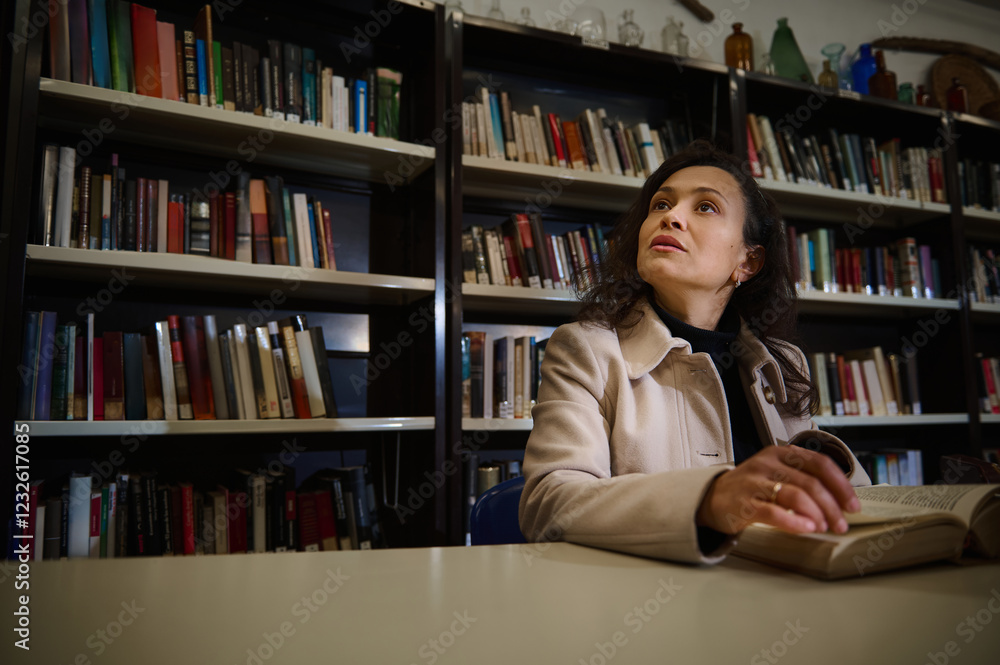Woman reading a book in a library surrounded by bookshelves Woman reading a book in a library surrounded by bookshelves
