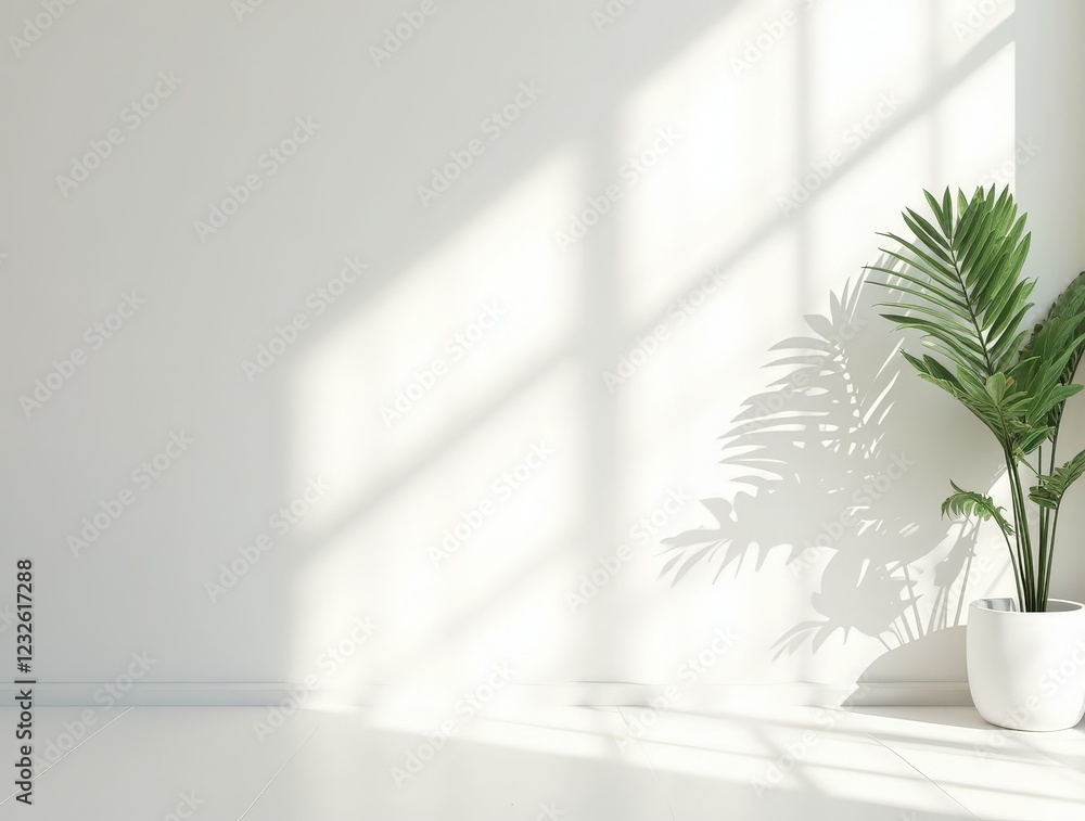 Bright Empty Room with Sunlit Wall and Two Potted Plants Bright Empty Room with Sunlit Wall and Two Potted Plants