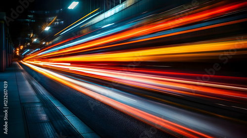 City night, speeding car light trails, urban background, motion blur, transport