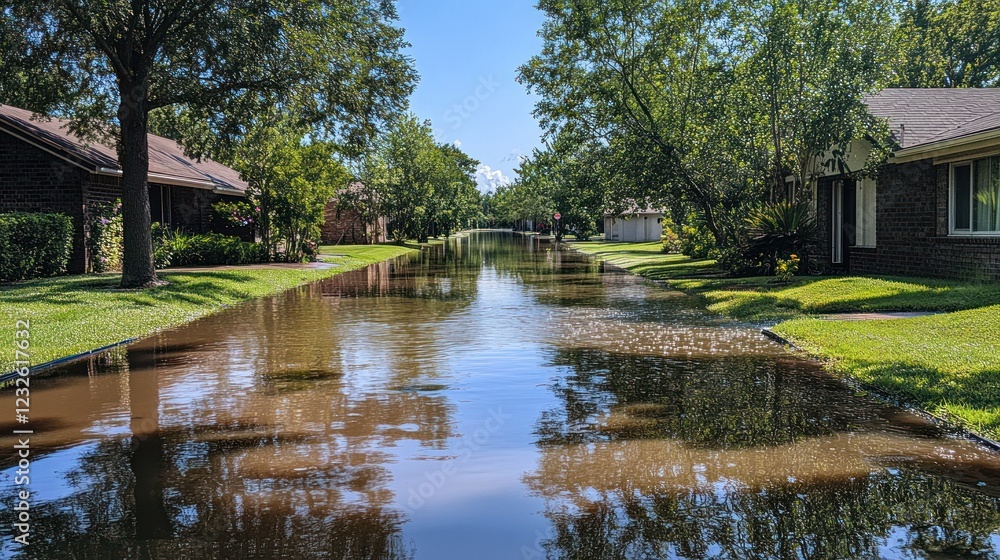 Flooded Street in Residential Area Flooded Street in Residential Area