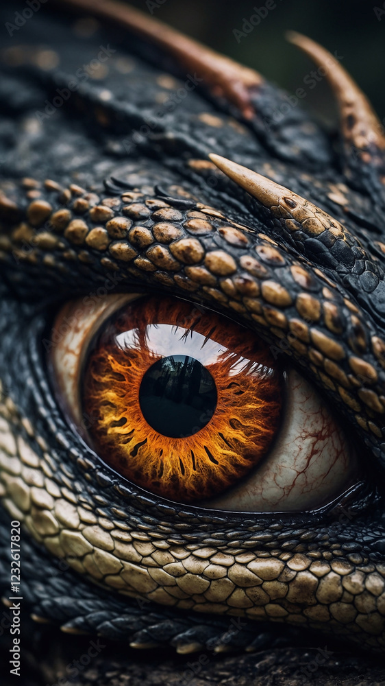 Fototapeta premium Close-up of a dark dragon's golden eye. Detailed photograph of scales and the evil hypnotic looking. The image of fantasy animal from danger wildlife. Mythological creatures. Fantastic ancient reptile