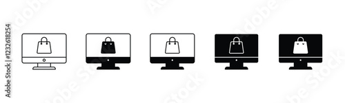 Online shop icon. Shopping bag on computer icon vector in line, flat, and color style on white background with editable stroke for apps and websites. Vector illustration