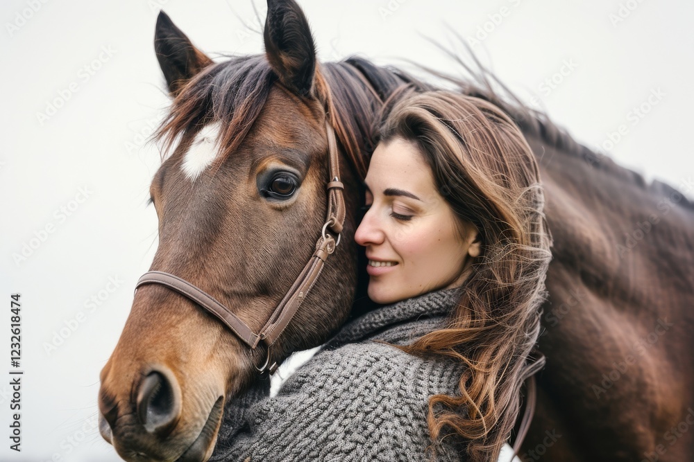 Fototapeta premium Woman hugging a brown horse on a light background. Close-up