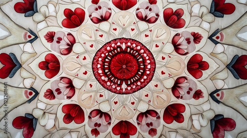 Whimsical Valentines mandala with playful heart like motifs integrated into the symmetrical design creating a lighthearted yet intricate pattern no people photo