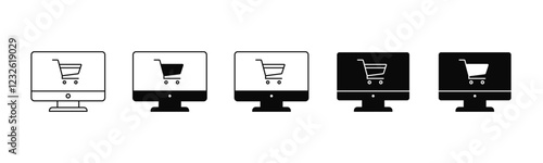 Online shop icon. Shopping cart on computer icon vector in line, flat, and color style on white background with editable stroke for apps and websites. Vector illustration
