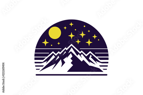 Minimalist Mountain and Forest Silhouette with Starry Night Sky, Nature Emblem Design photo