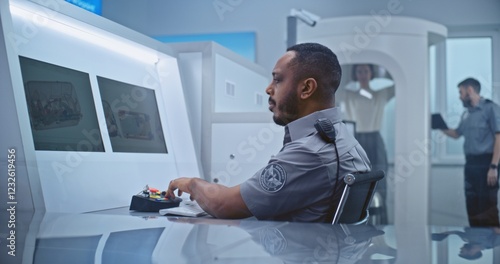 Airport Security Checkpoint: African American Security Officer Monitors Baggage Screening Moving on Conveyor Belt on Computer Screens. Advanced X-ray Scanning Technology for Boarding Plane Flight. photo