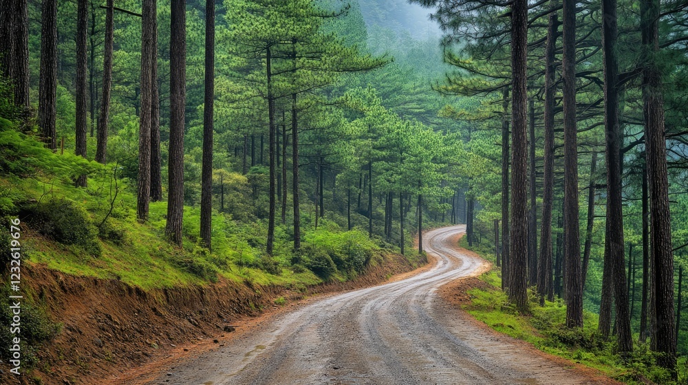 Obraz premium Winding road through lush green forest, tall trees lining the way, nature path scenery