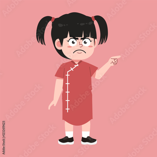 Cute Chinese Girl with Twin tail Black Hair cartoon blame and angry
