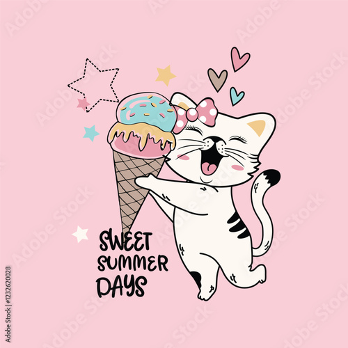 Adorable vector illustration of a cute cat happily enjoying an ice cream cone, joyful and playful
