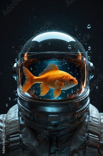 Astro-man with goldfish inside helmet against dark background and copy space
