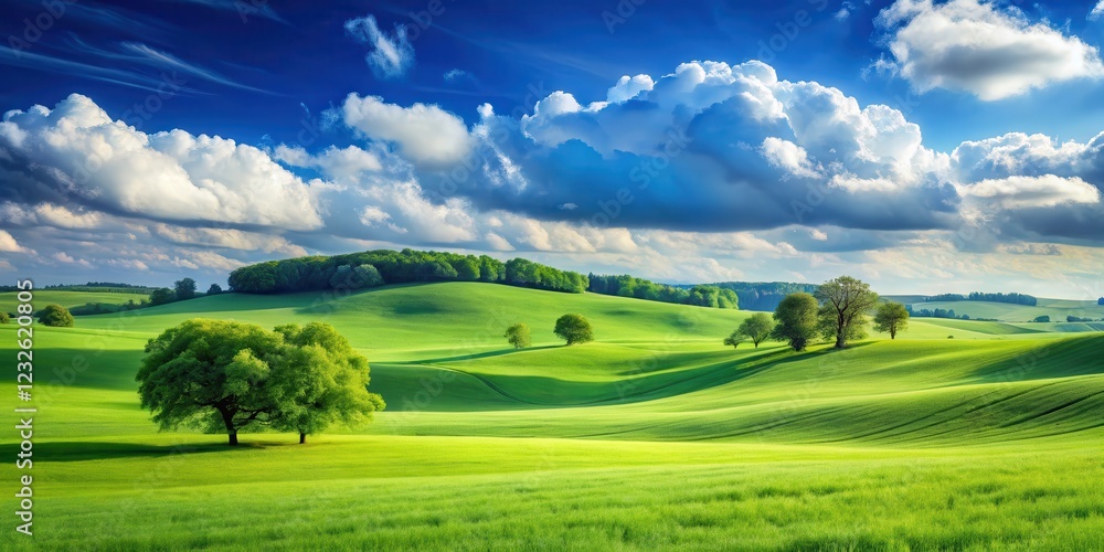 A serene landscape of a vast green field with gentle hills and trees under a bright blue sky with a few wispy white clouds scattered across it , cloud, nature A serene landscape of a vast green field with gentle hills and trees under a bright blue sky with a few wispy white clouds scattered across it , cloud, nature