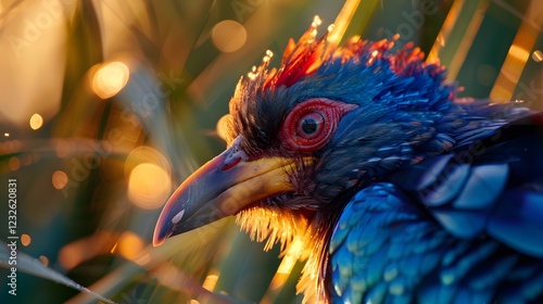 Vivid Asian Coucal bird profile, sunset reeds, bokeh photo