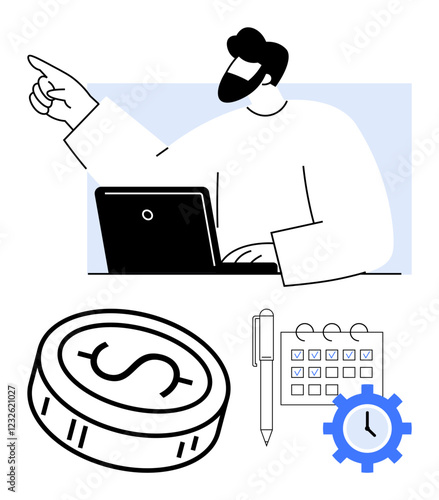 Business person pointing forward while working on a laptop, with coin, checklist calendar, pen, and gear clock icons. Ideal for productivity, time management, business planning, finance scheduling