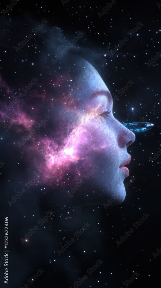 Ethereal Woman in Cosmic Background with Nebula and Spaceship Ethereal Woman in Cosmic Background with Nebula and Spaceship