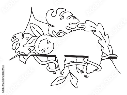 Doodle illustration of Baby sloth sleeping on the tree, snake coils around the branches of a tree. Tropical animals vector illustration