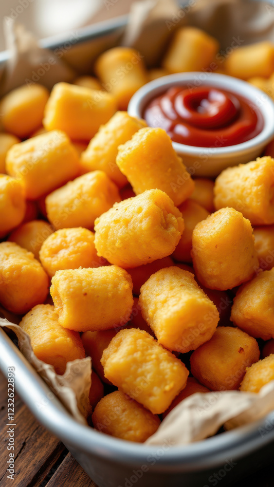 Tray full of golden breaded mozzarella bites with dipping sauce. Tray full of golden breaded mozzarella bites with dipping sauce.