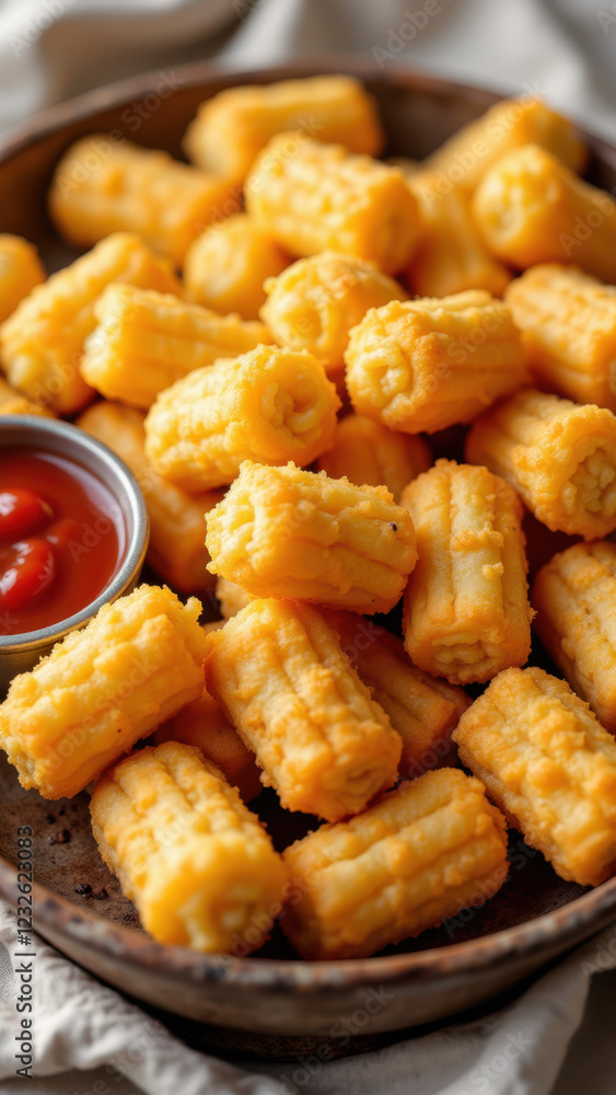 Basket of cheesy breadsticks with a small side of dipping sauce on top of a tablecloth. Basket of cheesy breadsticks with a small side of dipping sauce on top of a tablecloth.