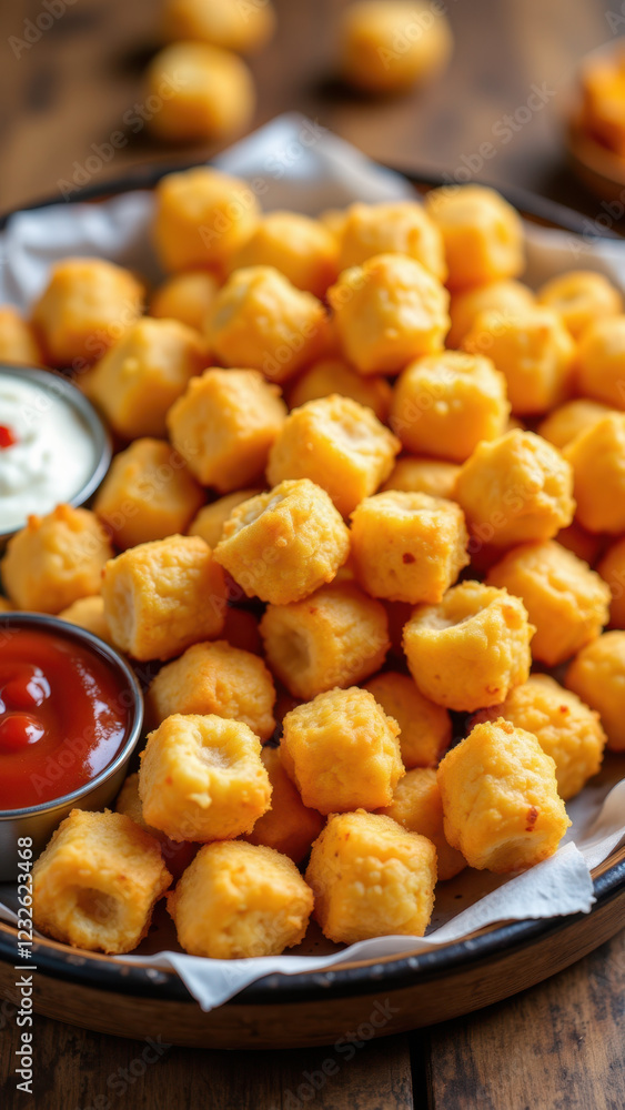 Plate of breaded cheese puffs served with dipping sauce. Plate of breaded cheese puffs served with dipping sauce.