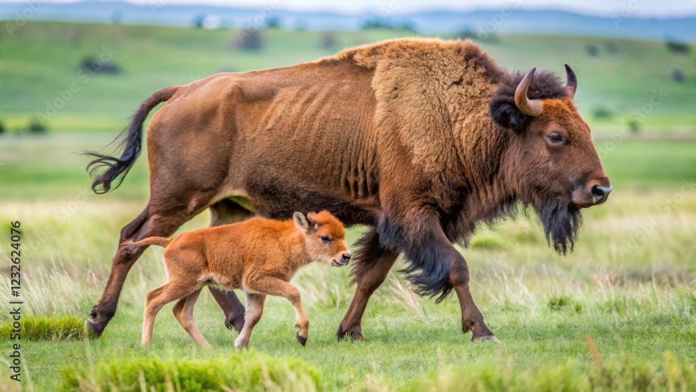 Bison Calf Walking Alongside Adult Bison in Lush Green Landscape Bison Calf Walking Alongside Adult Bison in Lush Green Landscape