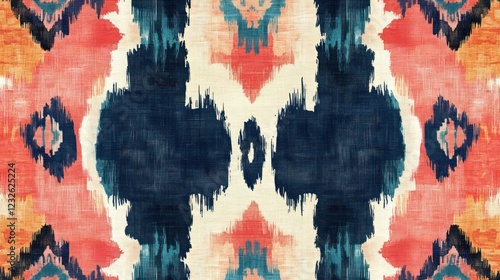 Abstract Ikat Textile Design: A Vibrant Tapestry of Coral, Teal, and Indigo Hues