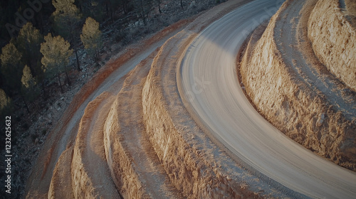 Aerial View of Serpentine Road through Dense Forest photo