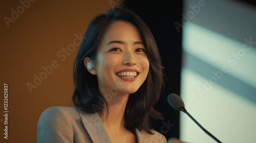 スピーチする日本人の女性