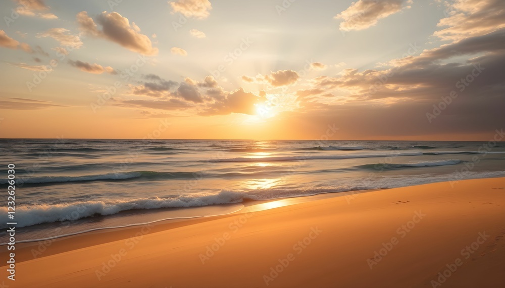 Golden Hour at the Beach: Serene Sunset over the Ocean Waves Golden Hour at the Beach: Serene Sunset over the Ocean Waves
