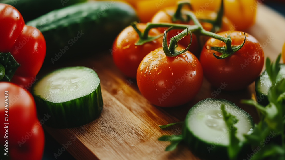 fresh, vibrant vegetables--tomatoes, cucumbers, and bell peppers--artfully arranged on a rustic wooden cutting board fresh, vibrant vegetables--tomatoes, cucumbers, and bell peppers--artfully arranged on a rustic wooden cutting board
