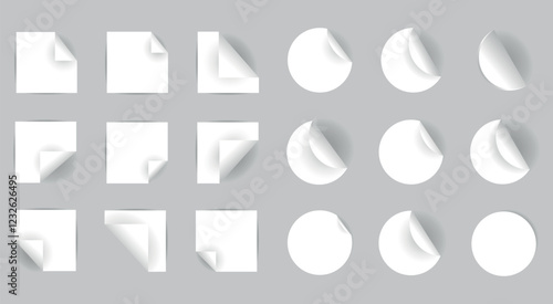 Realistic large set of white stickers in the shape of a square and a circle with a curved corner. Collection of vector classic paper adhesive sticker layouts.