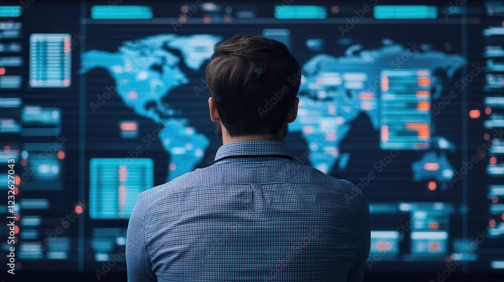 E-commerce+success story. Man analyzing data on a digital world map display. E-commerce+success story. Man analyzing data on a digital world map display.
