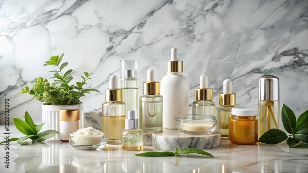 Luxe skincare routine with a glass ampoule on a marble countertop, surrounded by high-end skincare products and natural ingredients , wellness, countertop Luxe skincare routine with a glass ampoule on a marble countertop, surrounded by high-end skincare products and natural ingredients , wellness, countertop