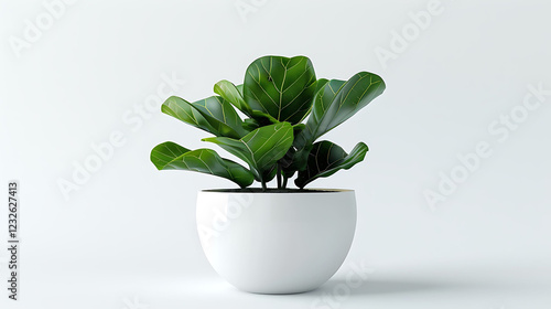 A fiddle-leaf fig plant in a modern white pot, on a white background