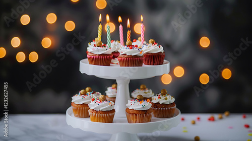 A festive birthday cupcake display on a white tiered stand with candles and toppers