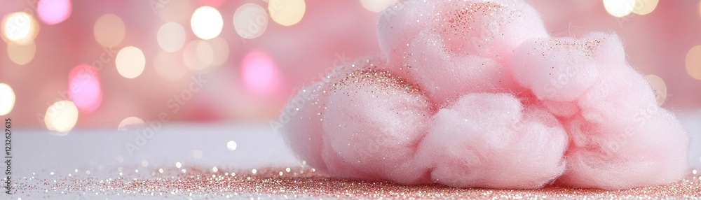 Fototapeta premium A delightful pile of pink cotton candy is sprinkled with glittery sugar sparkles, resting on a neutral table against a softly blurred, festive background, evoking a playful mood