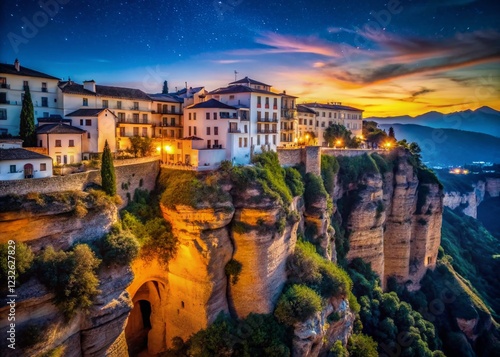 Night Photography: Ronda, Spain - Cliffside Town Panorama photo