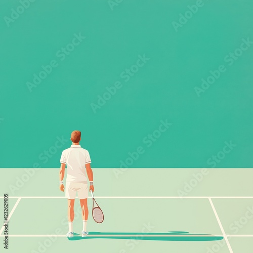 Focused tennis player in white attire preparing for match against minimalist background on outdoor court