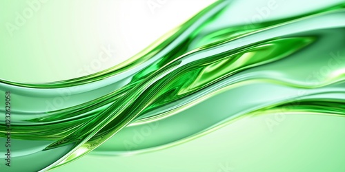 Abstract flowing green glass texture with glossy reflective surface. Image for wallpaper and background with copy space.