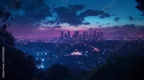 Los Angeles skyline at night, with vibrant city lights and the iconic Griffith Observatory