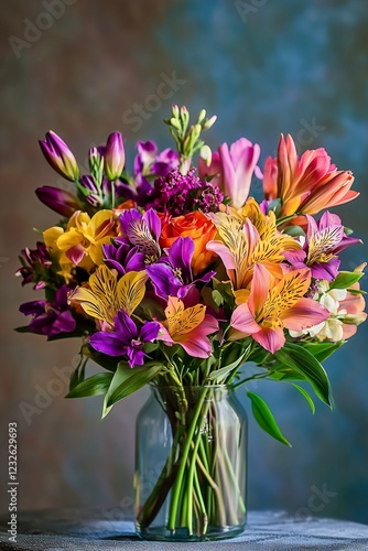 Wallpaper Mural Vibrant Flower Bouquet in Vase. Colorful flower bouquet in a glass vase on a blue backdrop, perfect for spring-themed designs or celebrations. Torontodigital.ca